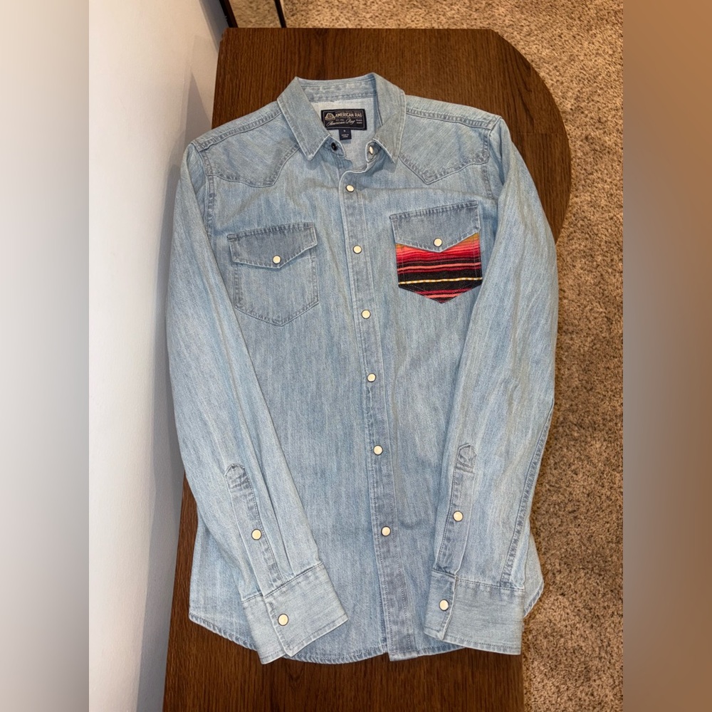 American Rag Vintage Light Blue Denim Shirt with Striped Pocket